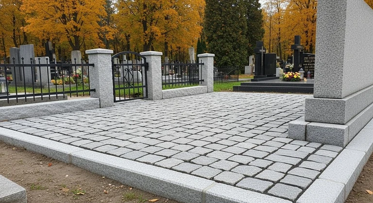 Благоустройство захоронений в Томске — мощение гранитной плиткой, цоколь и ограда на ухоженном участке