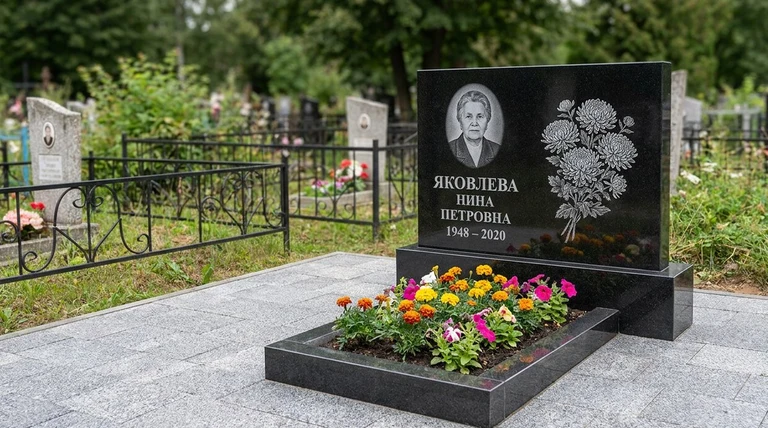 Гравировка хризантем на памятник в Томске — пример работы на граните