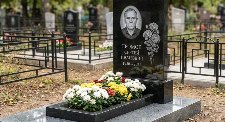 Памятник с гравировкой хризантем — выполненная работа «Громов» в Томске