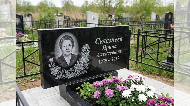 Памятник с гравировкой хризантем — выполненная работа «Селезнёва» в Томске