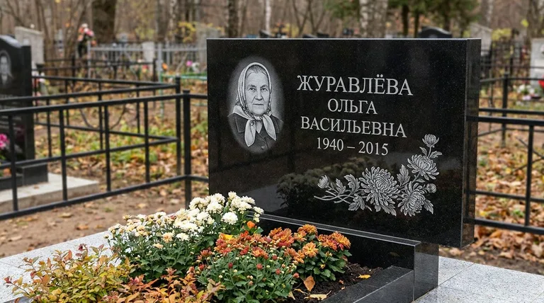 Памятник с гравировкой хризантем — выполненная работа «Журавлёва» в Томске
