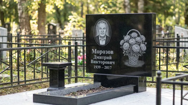 Памятник с гравировкой хризантем — выполненная работа «Морозов» в Томске