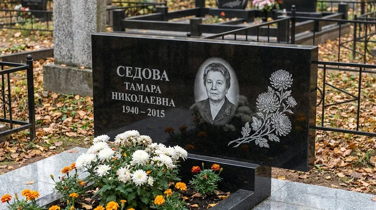 Памятник с гравировкой хризантем — выполненная работа «Седова» в Томске