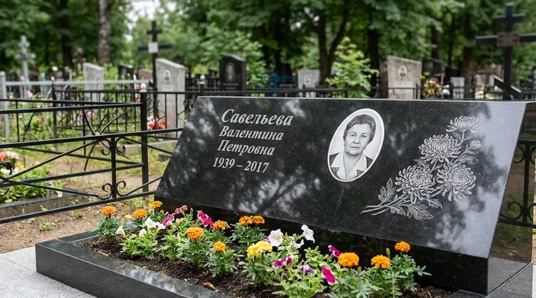 Памятник с гравировкой хризантем — выполненная работа «Савельева» в Томске