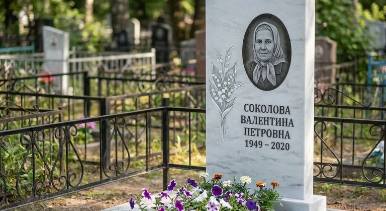 Памятник с гравировкой ландышей — выполненная работа «Соколова» в Томске