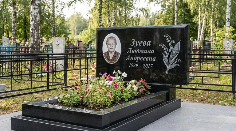 Памятник с гравировкой ландышей — выполненная работа «Зуева» в Томске