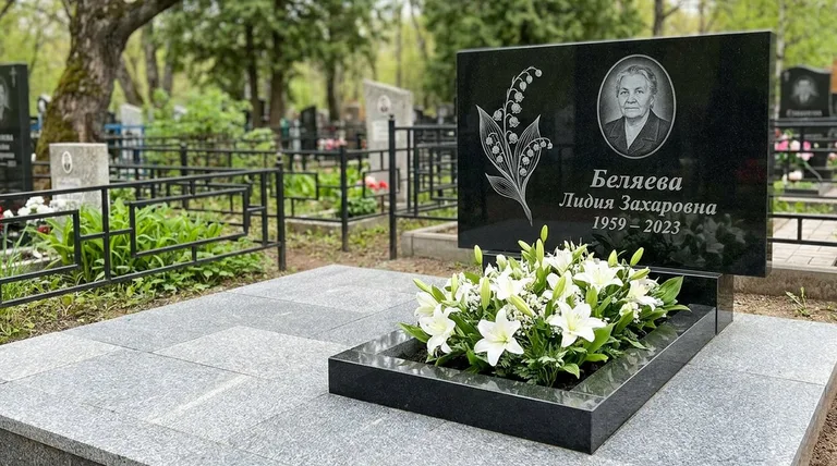 Памятник с гравировкой ландышей — выполненная работа «Беляева» в Томске
