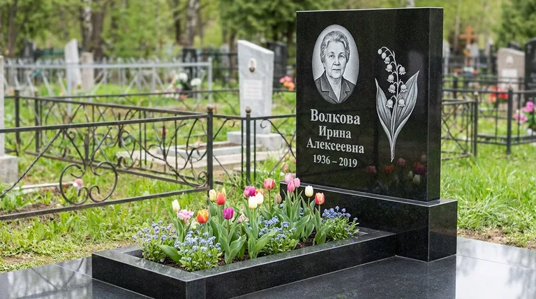 Памятник с гравировкой ландышей — выполненная работа «Волкова» в Томске