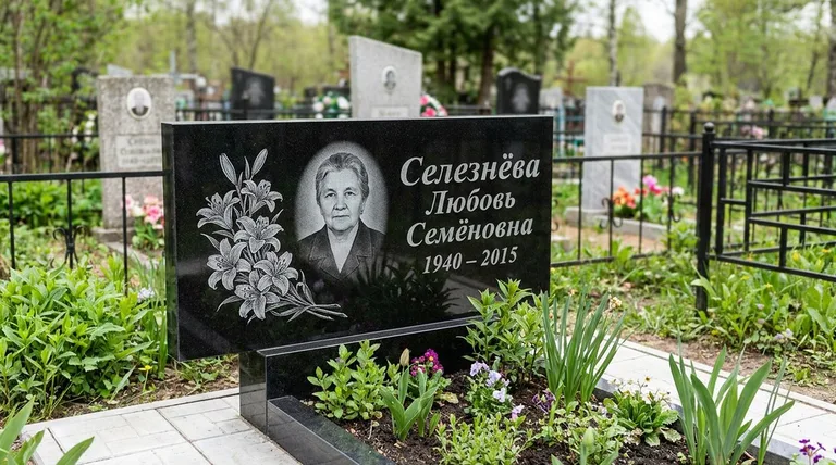 Памятник с гравировкой лилий — выполненная работа «Селезнёва» в Томске