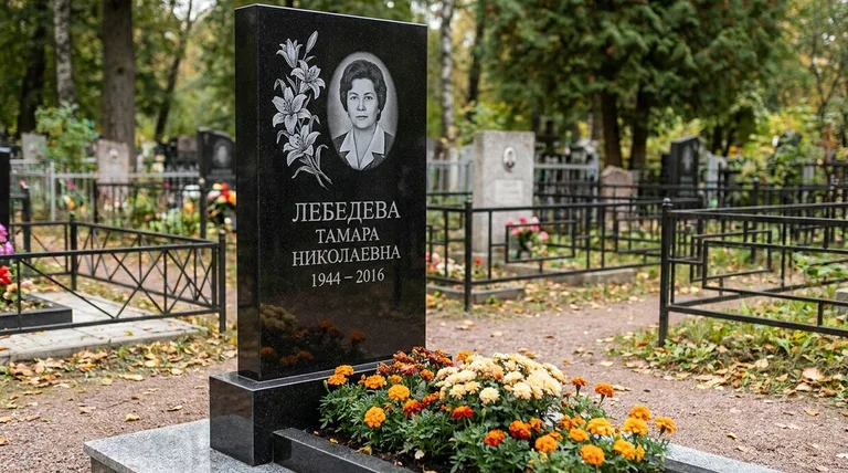 Памятник с гравировкой лилий — выполненная работа «Лебедева» в Томске