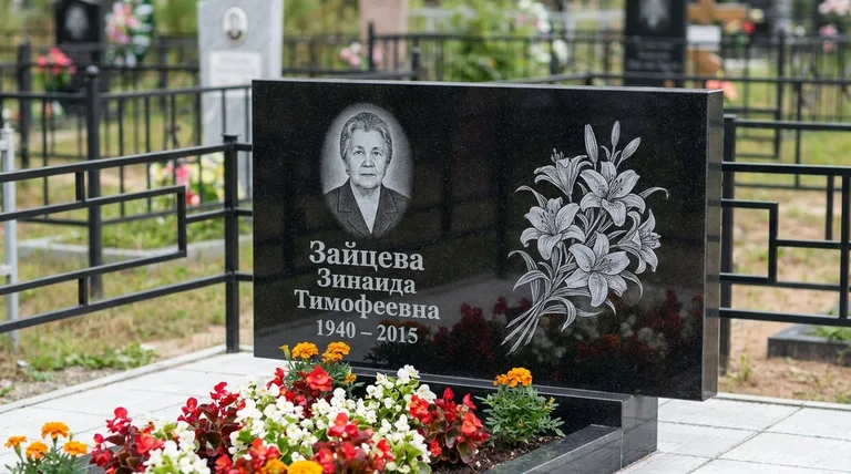 Памятник с гравировкой лилий — выполненная работа «Зайцева» в Томске