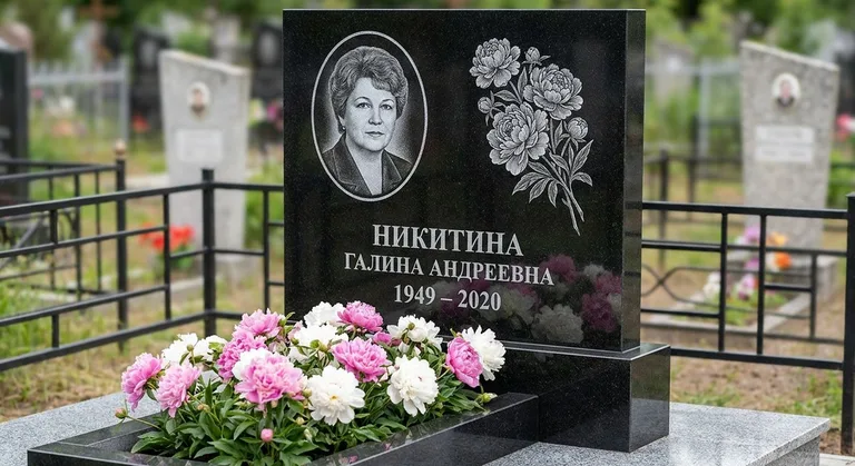 Памятник с гравировкой пионов — выполненная работа «Никитина» в Томске