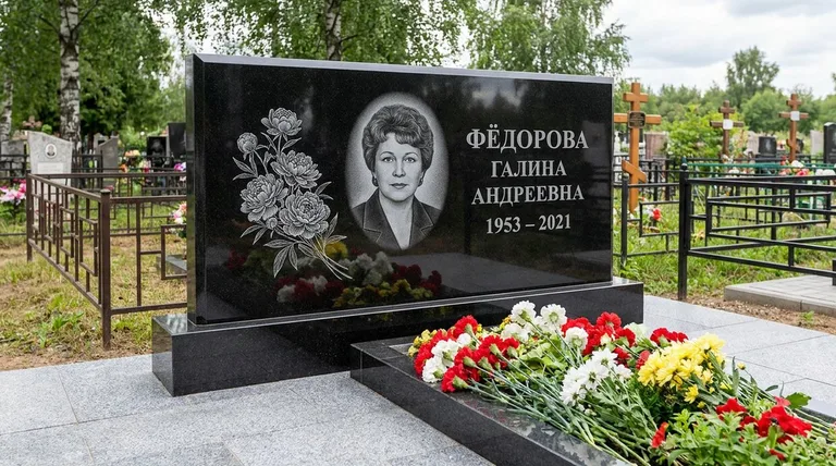 Памятник с гравировкой пионов — выполненная работа «Фёдорова» в Томске