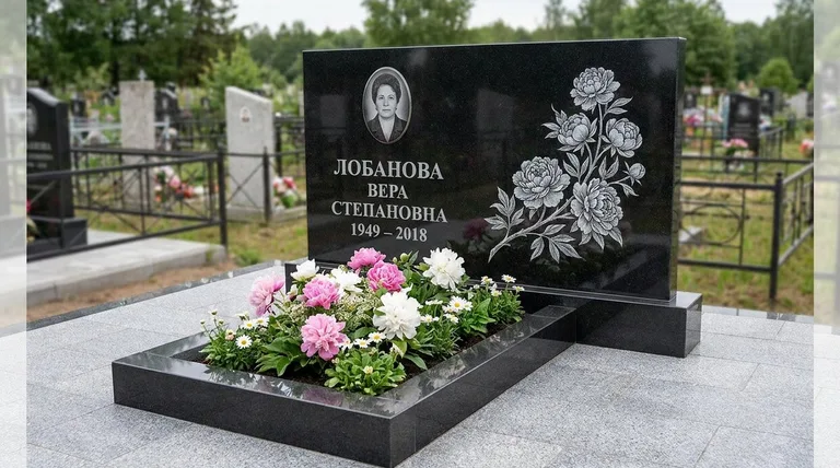 Памятник с гравировкой пионов — выполненная работа «Лобанова» в Томске