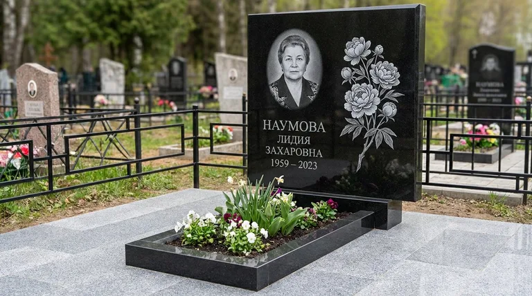 Памятник с гравировкой пионов — выполненная работа «Наумова» в Томске