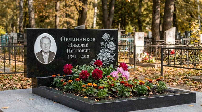 Памятник с гравировкой пионов — выполненная работа «Овчинников» в Томске