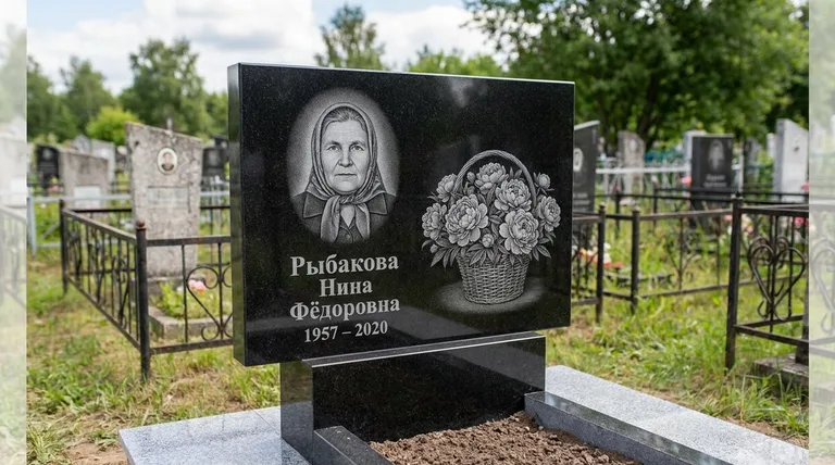 Памятник с гравировкой пионов — выполненная работа «Рыбакова» в Томске