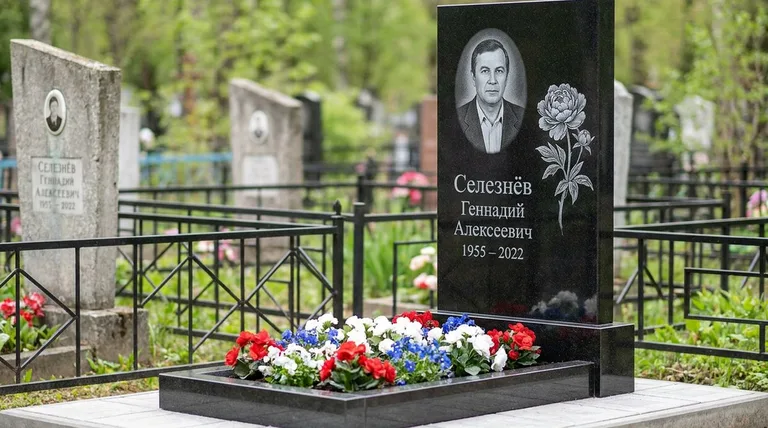 Памятник с гравировкой пионов — выполненная работа «Селезнёв» в Томске
