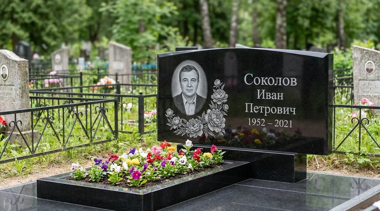 Памятник с гравировкой пионов — выполненная работа «Соколов» в Томске