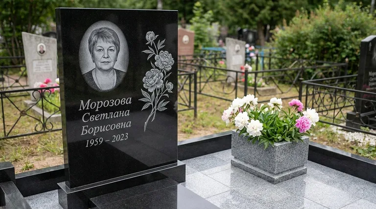 Памятник с гравировкой пионов — выполненная работа «Морозова» в Томске