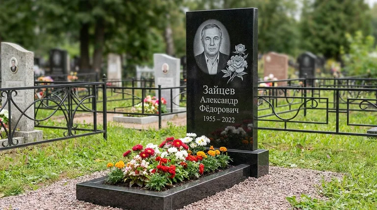 Памятник с гравировкой пионов — выполненная работа «Зайцев» в Томске