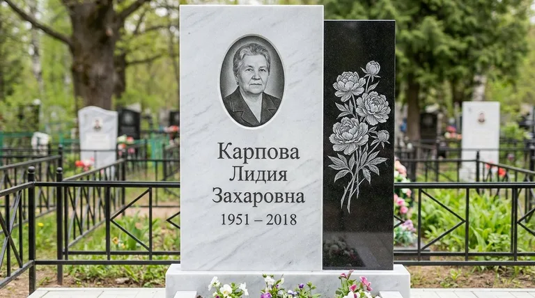 Памятник с гравировкой пионов — выполненная работа «Карпова» в Томске