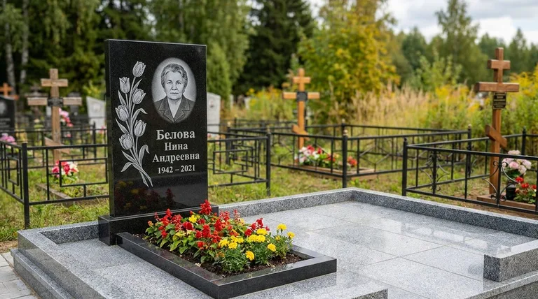 Памятник с гравировкой тюльпанов — выполненная работа «Белова» в Томске