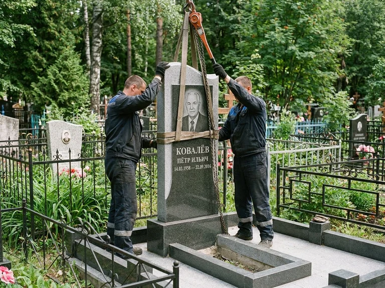 Демонтаж памятника на кладбище в Томске — бригада аккуратно снимает старый гранитный памятник с могилы