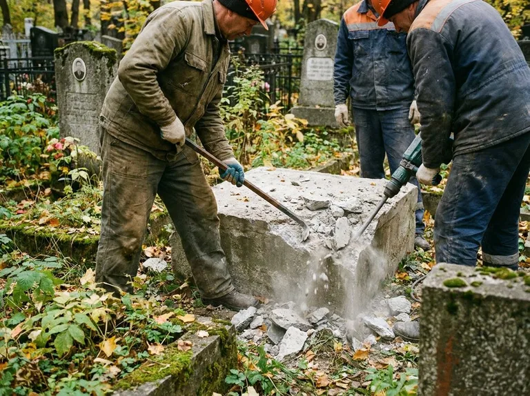 Демонтаж бетонного цоколя и тумбы памятника в Томске