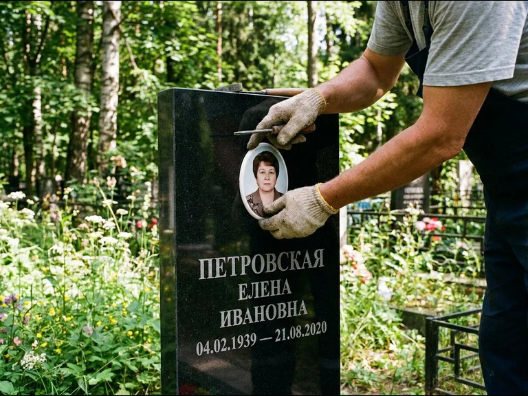 Фото на керамике на памятник в Томске — мастер устанавливает овальный керамический портрет на гранитный памятник
