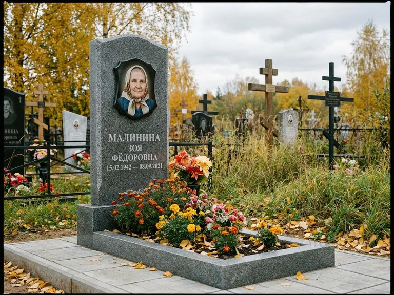 Чёрно-белый керамический портрет на памятнике в Томске