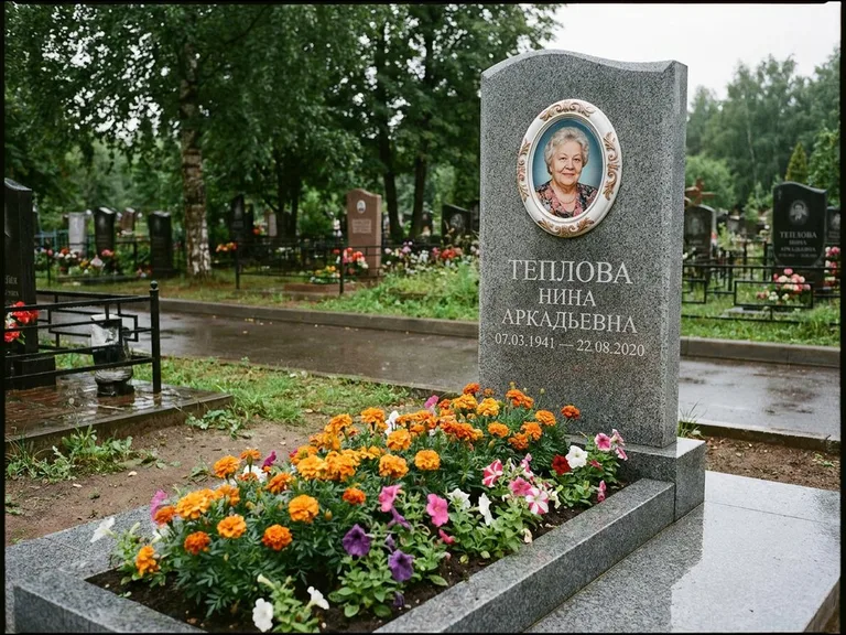 Керамический портрет на памятнике с цветами в Томске