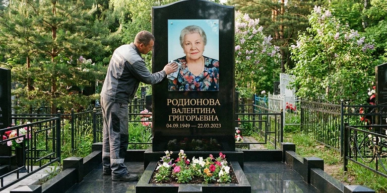 Фотокерамика и печать фото на памятник в Томске — мастер устанавливает цветной портрет на стекле на гранитный памятник