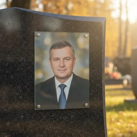 Портрет на стекле на держателях на чёрном граните в Томске