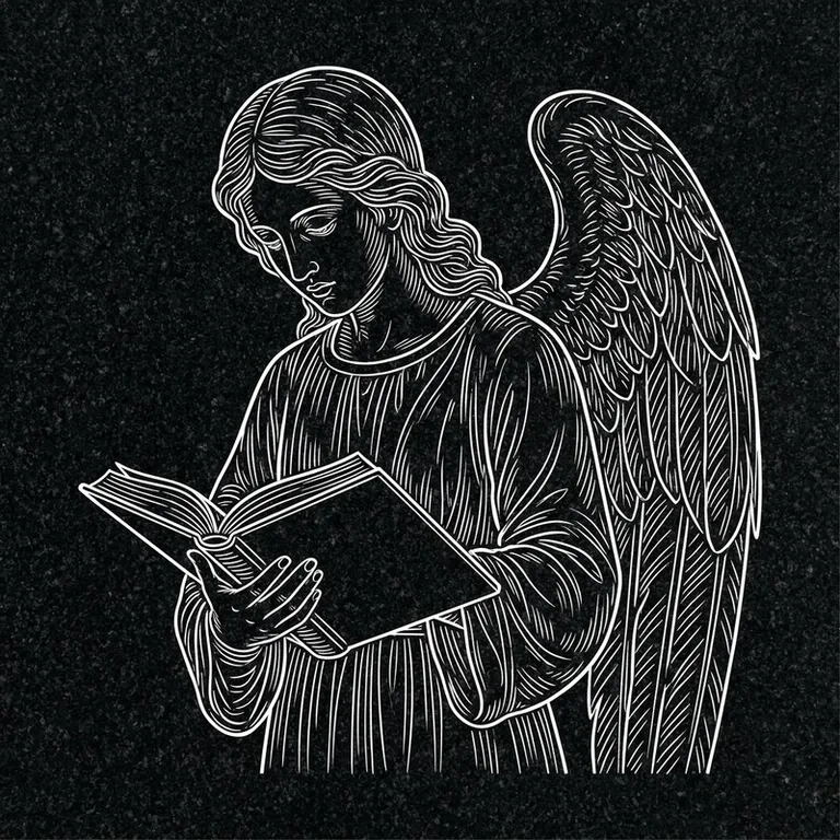 Эскиз гравировки ангела на памятник — ангел с раскрытой книгой в Томске