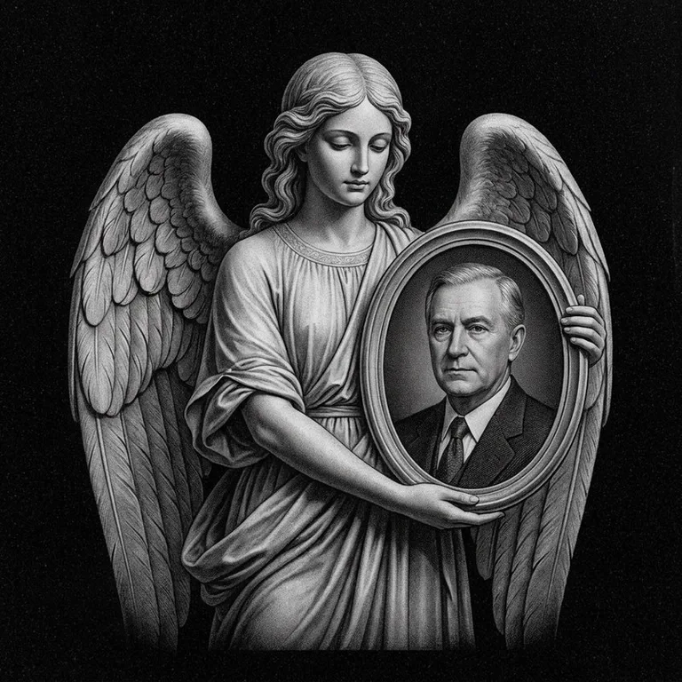Эскиз гравировки ангела на памятник — объёмный ангел с портретом в Томске