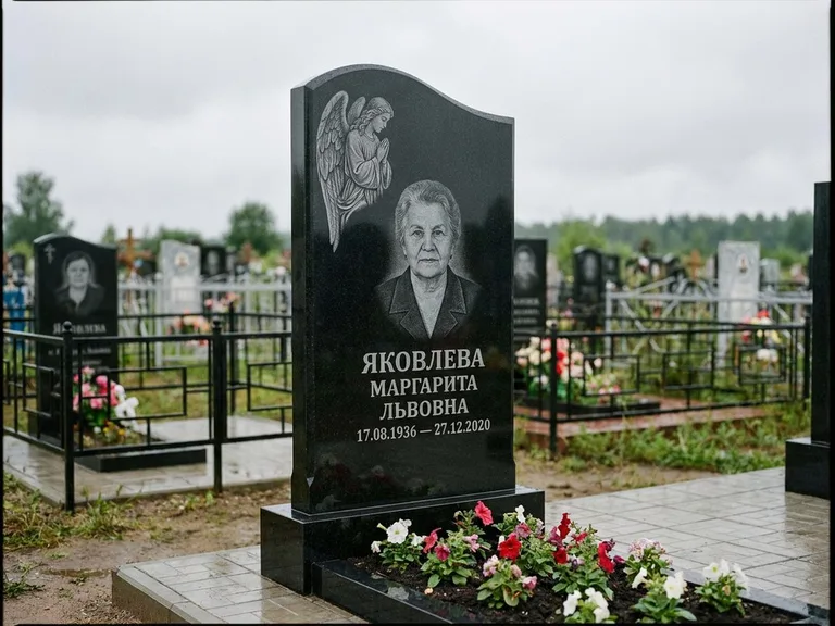 Памятник с гравировкой ангела — гравировка молящегося ангела в верхней части стелы, работа «Яковлева» в Томске
