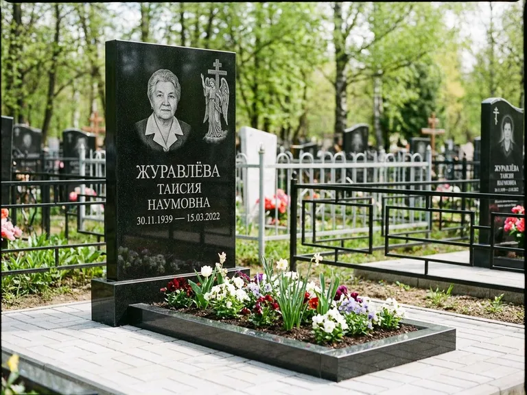 Памятник с гравировкой ангела — гравировка ангела с голубем по диагонали стелы, работа «Журавлёва» в Томске
