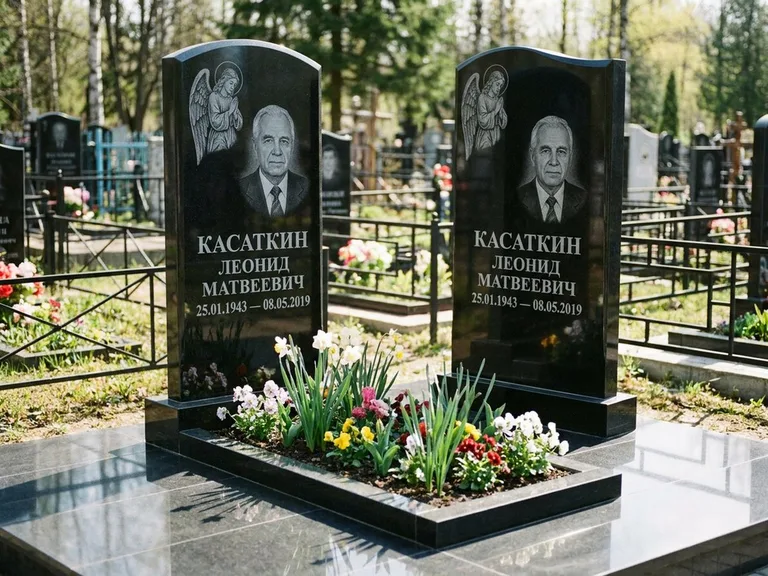Памятник с гравировкой ангела — гравировка молящегося ангела в верхней части стелы, работа «Касаткин» в Томске
