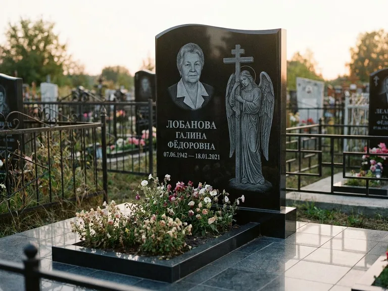 Памятник с гравировкой ангела — гравировка ангела с крестом рядом с эпитафией, работа «Лобанова» в Томске
