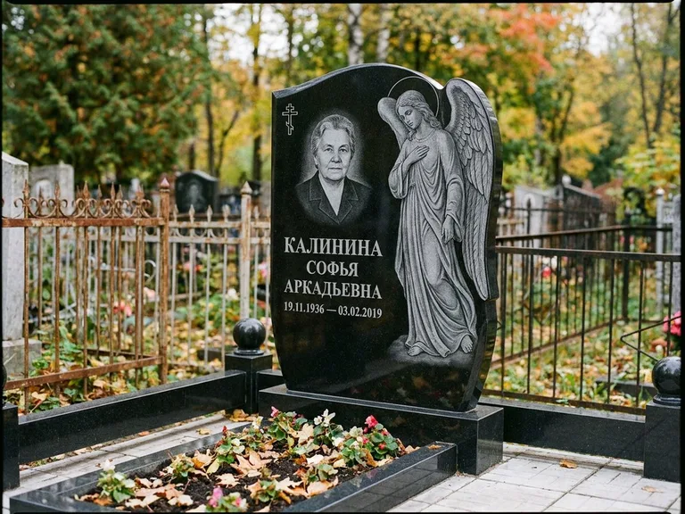 Памятник с гравировкой ангела — гравировка ангела с крестом рядом с эпитафией, работа «Игнатова» в Томске