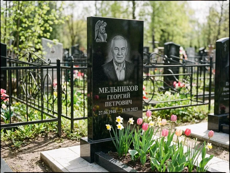 Памятник с гравировкой ангела — гравировка ангела с голубем по диагонали стелы, работа «Доронин» в Томске