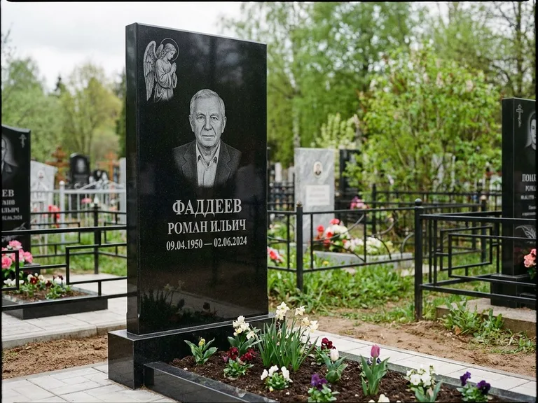 Памятник с гравировкой ангела — гравировка молящегося ангела в верхней части стелы, работа «Фаддеев» в Томске
