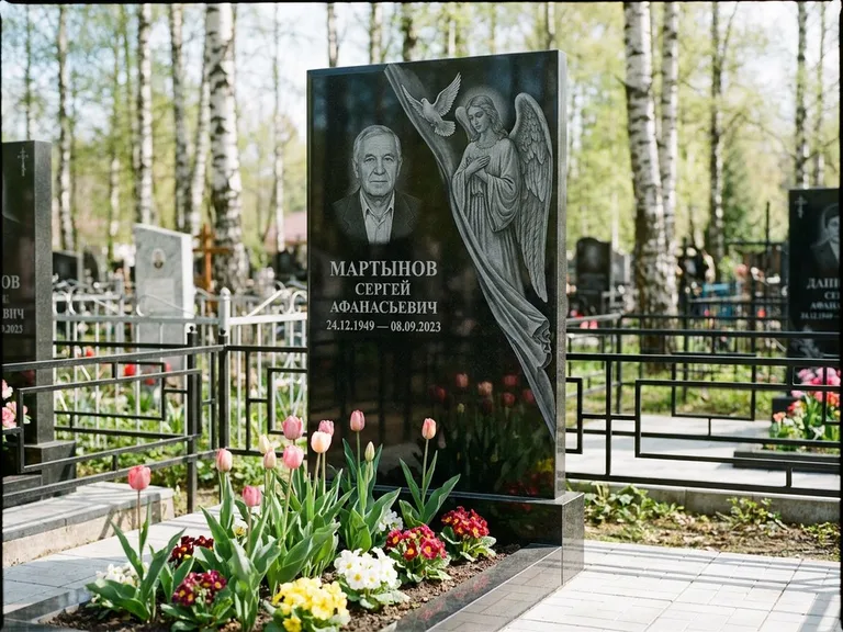 Памятник с гравировкой ангела — гравировка двух ангелов по сторонам портрета, работа «Касаткин» в Томске