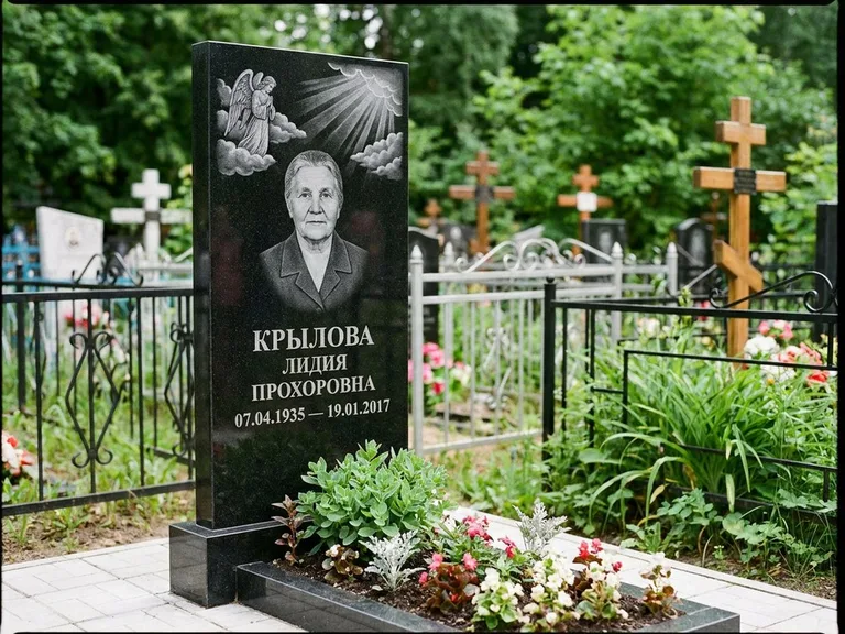 Памятник с гравировкой ангела — гравировка ангела в облаках с лучами над портретом, работа «Лобанова» в Томске