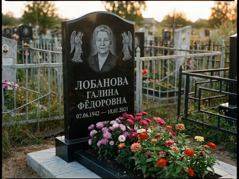 Памятник с гравировкой ангела — гравировка двух ангелов по сторонам портрета, работа «Лобанова» в Томске
