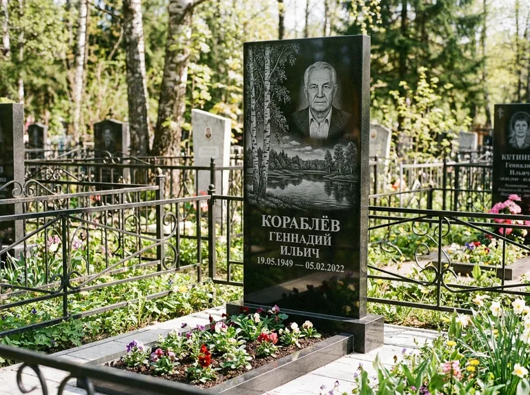 Памятник с гравировкой берёзы — гравировка берёзы у зеркального озера, работа «Кораблёв» в Томске