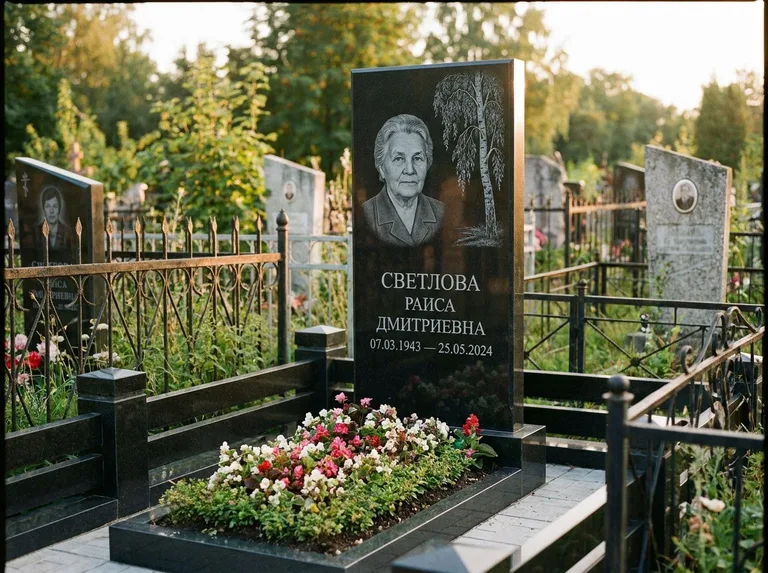 Памятник с гравировкой берёзы — гравировка плакучей берёзы с тонкими ветвями, работа «Светлова» в Томске