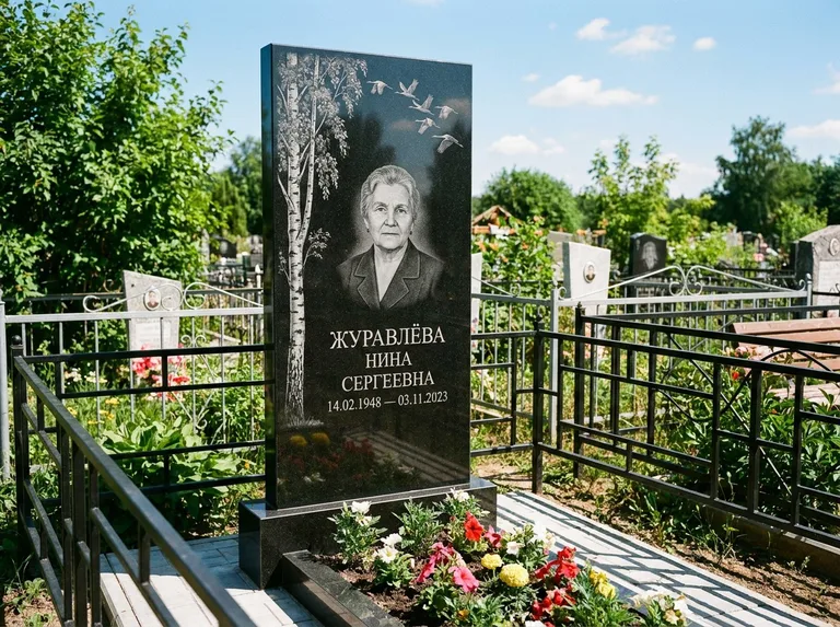 Памятник с гравировкой берёзы — гравировка берёзы с журавлиным клином в небе, работа «Журавлёва» в Томске