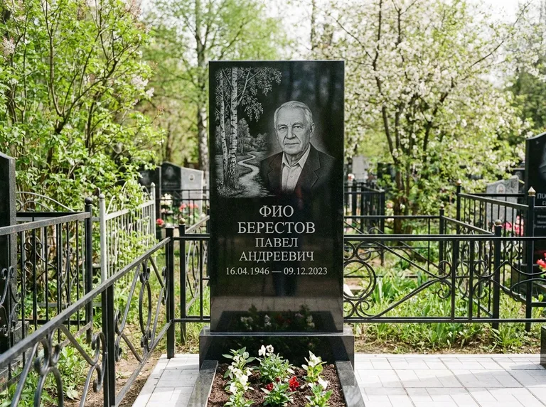 Памятник с гравировкой берёзы — гравировка берёзы у тропинки, уходящей вдаль, работа «Берестов» в Томске